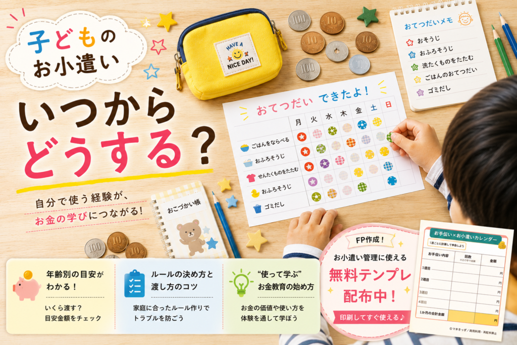 子供のお小遣いの金額相場、ルール作り、使い方などをまとめた総合ガイド画像。未就学児〜中学生まで幅広く対応した金融教育の導入に最適。【子供のお小遣いはお手伝い表で管理】FP作成の無料テンプレを配布