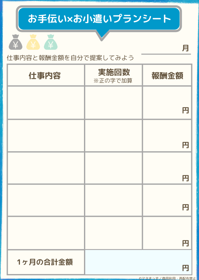 中学生の子供がお小遣いの価値を理解できる実践型無料テンプレート。仕事内容と報酬を自分で決めることで、お金の使い方や判断力・家計感覚が自然と身につきます。