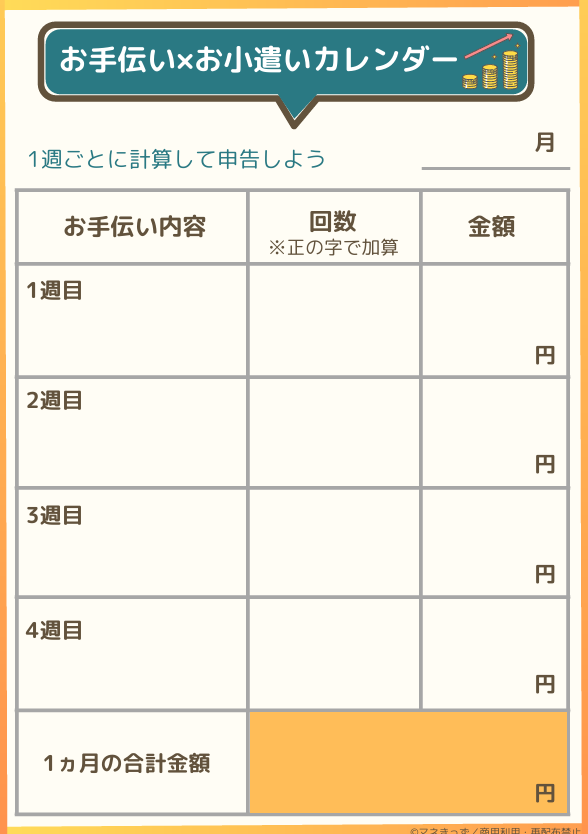 小学生の子供がお小遣い管理を自分でできるようになる週ごとのお手伝いカレンダー無料テンプレート。回数を数えて金額を計算することで、算数力とお小遣い感覚が身につきます。