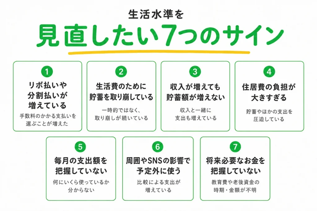 リボ払いや貯蓄の取り崩し、住居費の負担など、生活水準を見直したい7つのサインを示した図解