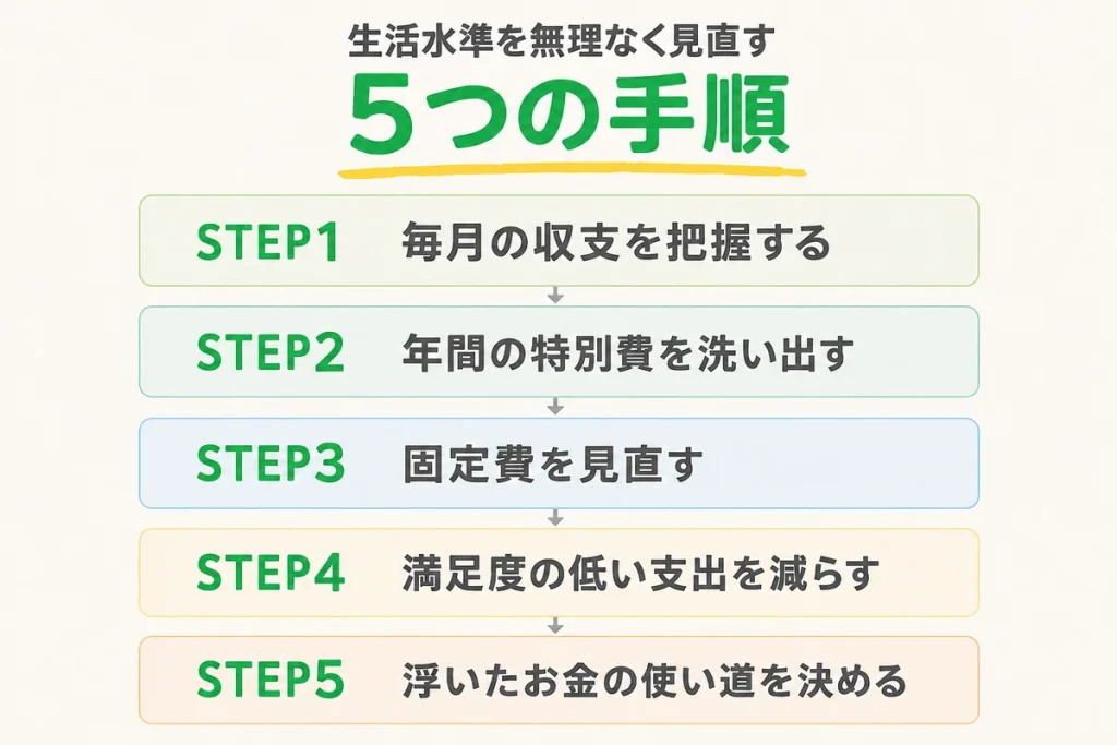 毎月の収支把握から浮いたお金の使い道を決めるまで、生活水準を見直す5つの手順を示した図解