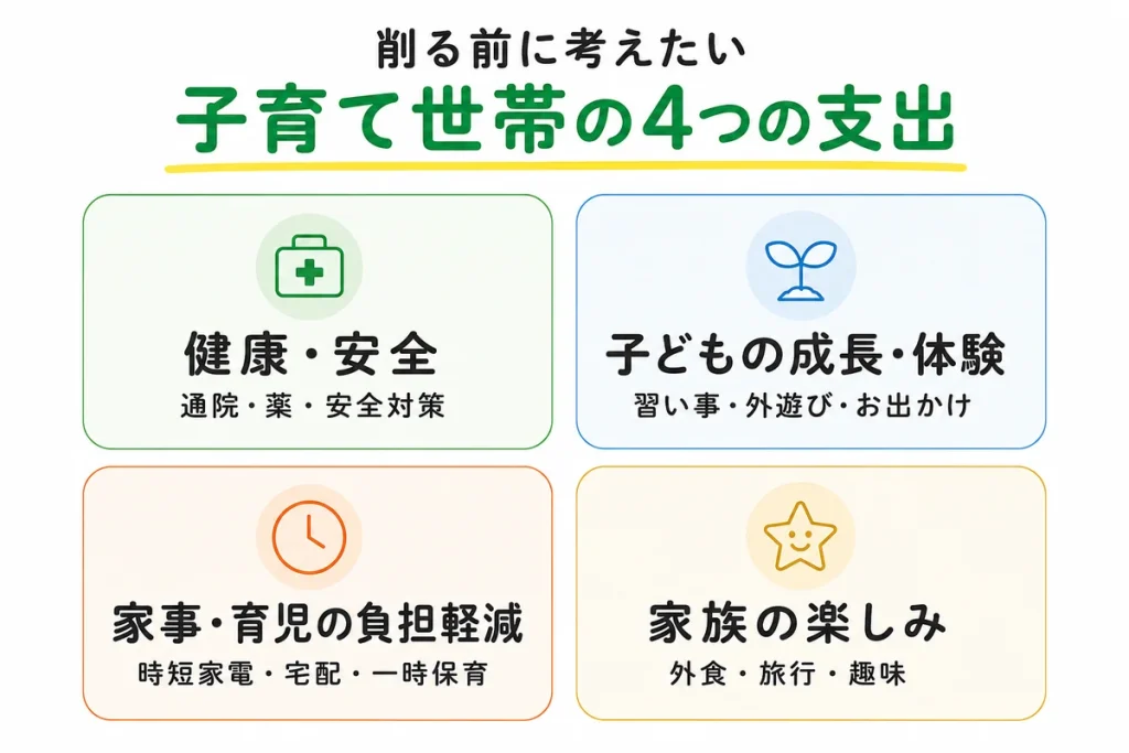 健康・安全、子どもの成長・体験、家事育児の負担軽減、家族の楽しみという子育て世帯の4つの支出を示した図解
