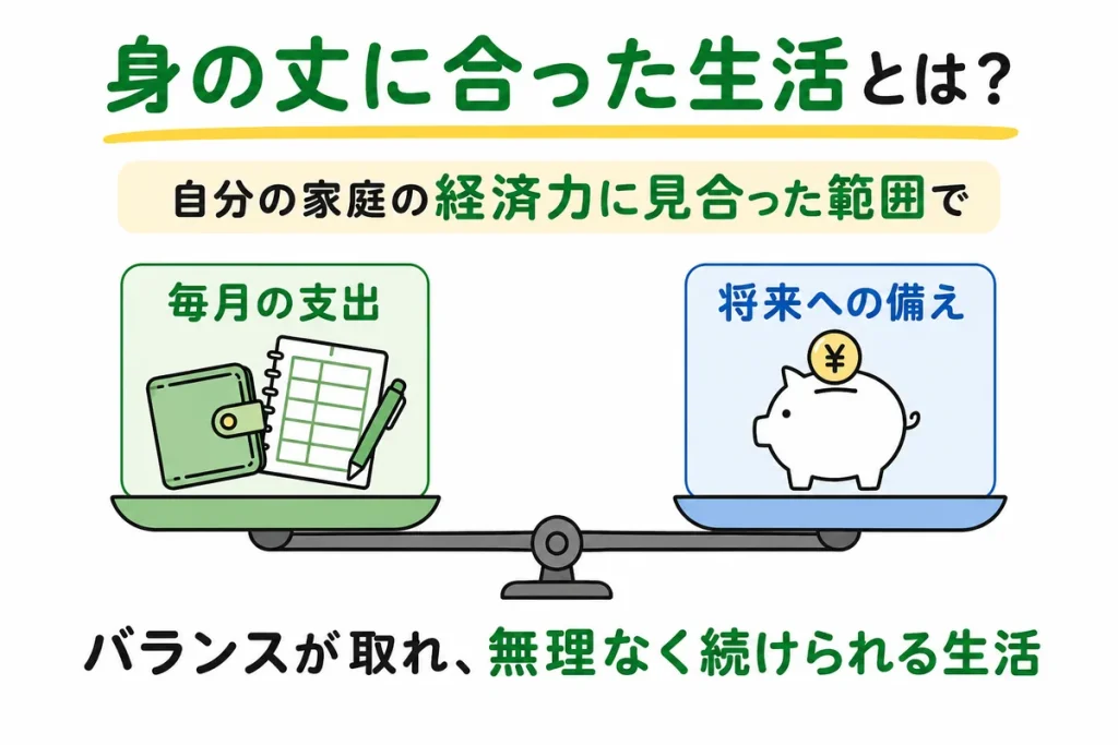 身の丈に合った生活とは、毎月の支出と将来への備えのバランスが取れ、無理なく続けられる生活だと示す図解