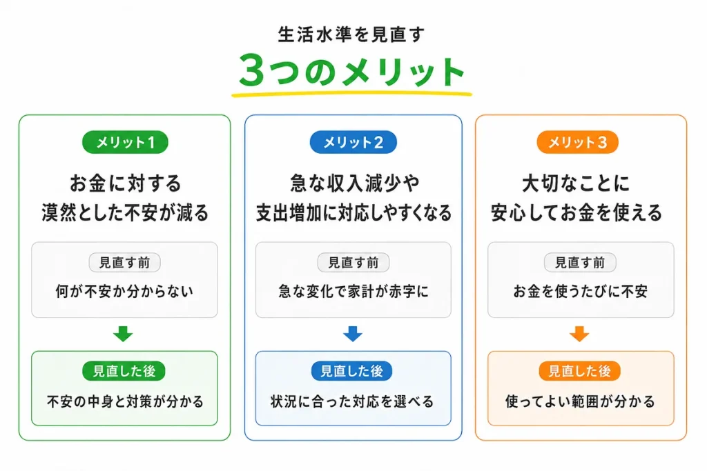 生活水準を見直すことで、お金の不安が減り、家計の変化に対応しやすくなり、大切なことに安心してお金を使えると示す図解