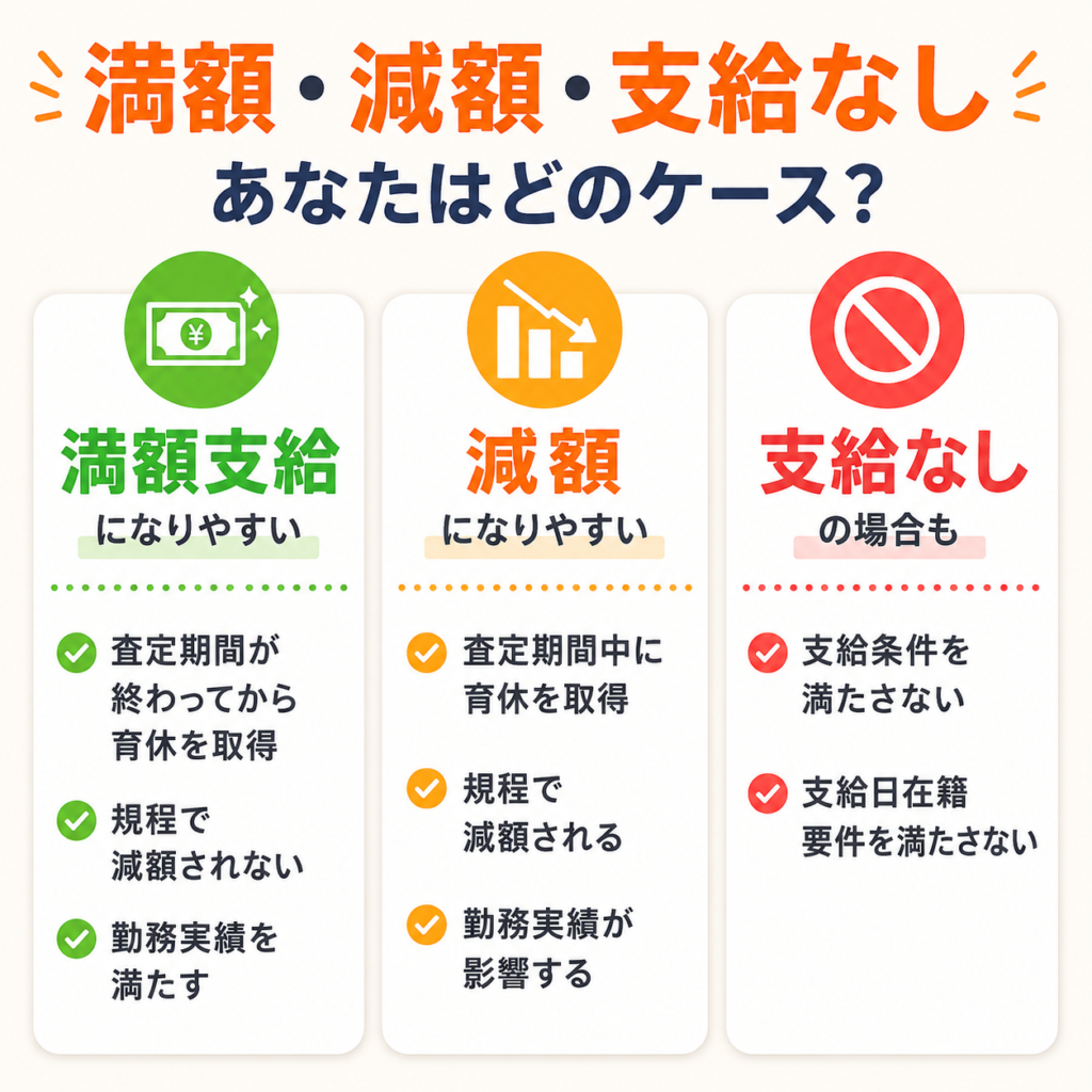 育休中のボーナスが満額支給・減額・支給なしになるケースの比較
