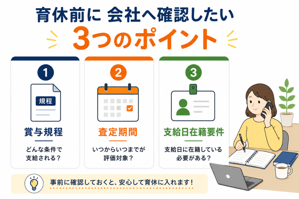 育休前に確認したい賞与規程・査定期間・支給日在籍要件の3つのポイント