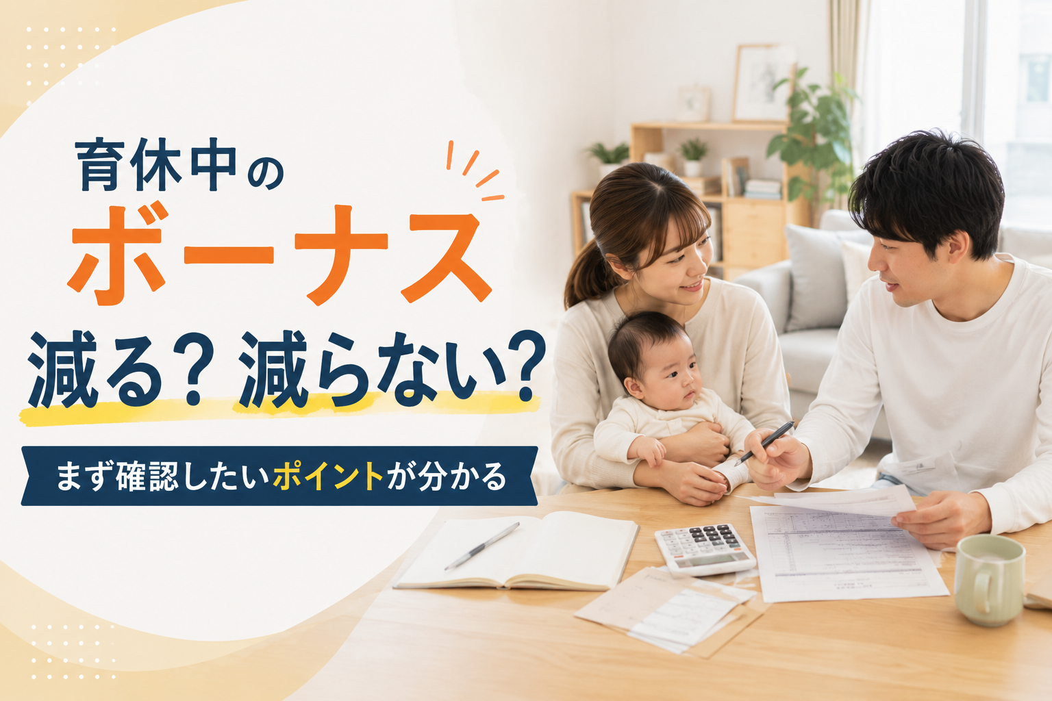 育休中のボーナスが減るケースと減らないケースを確認する夫婦のイメージ