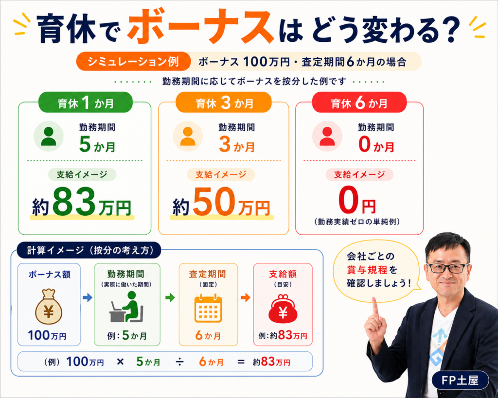 育休期間によるボーナス支給額のシミュレーション例