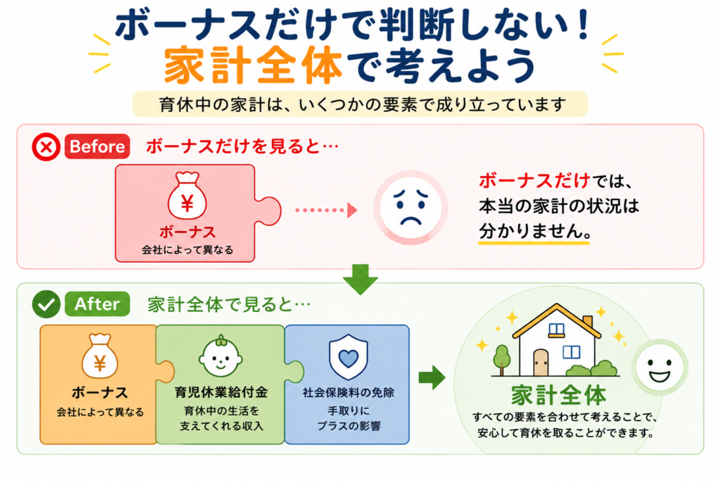 ボーナス・育児休業給付金・社会保険料免除を合わせて家計全体で考えるイメージ