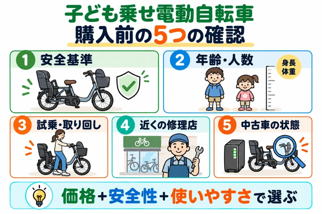 子ども乗せ電動自転車を購入する前に確認したい安全基準・年齢と人数・試乗・修理店・中古車の状態