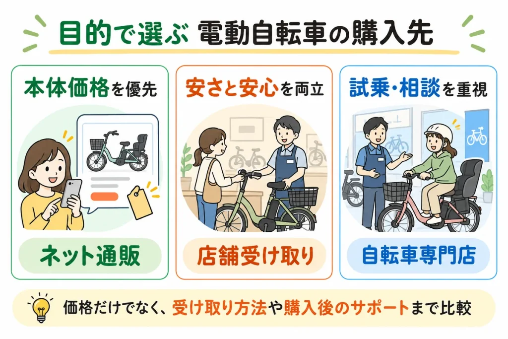 電動自転車の購入先をネット通販・店舗受け取り・自転車専門店の3タイプで比較