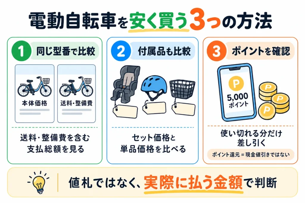 同じ型番の支払総額・付属品の価格・使い切れるポイントを比較して電動自転車を安く買う方法