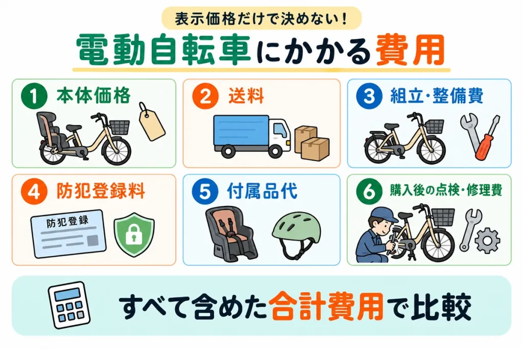 電動自転車の本体価格・送料・組立整備費・防犯登録料・付属品代・購入後の点検修理費