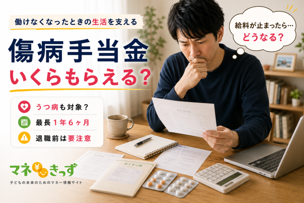 傷病手当金はいくらもらえるのかを解説するアイキャッチ画像。病気やケガで働けなくなった会社員が書類を確認しながら、支給額、うつ病の対象可否、最長1年6か月の支給期間、退職前の注意点を確認している。