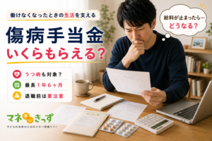 傷病手当金はいくらもらえるのかを解説するアイキャッチ画像。病気やケガで働けなくなった会社員が書類を確認しながら、支給額、うつ病の対象可否、最長1年6か月の支給期間、退職前の注意点を確認している。
