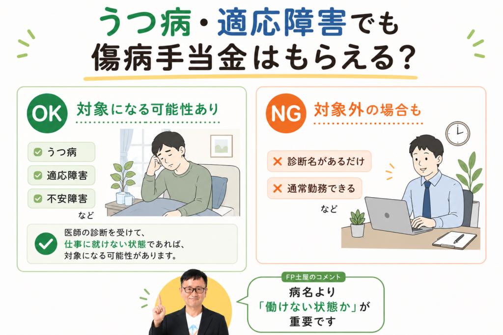 うつ病や適応障害でも傷病手当金の対象になる場合があることを説明した図解。病名よりも働けない状態かどうかが重要であることを示している。