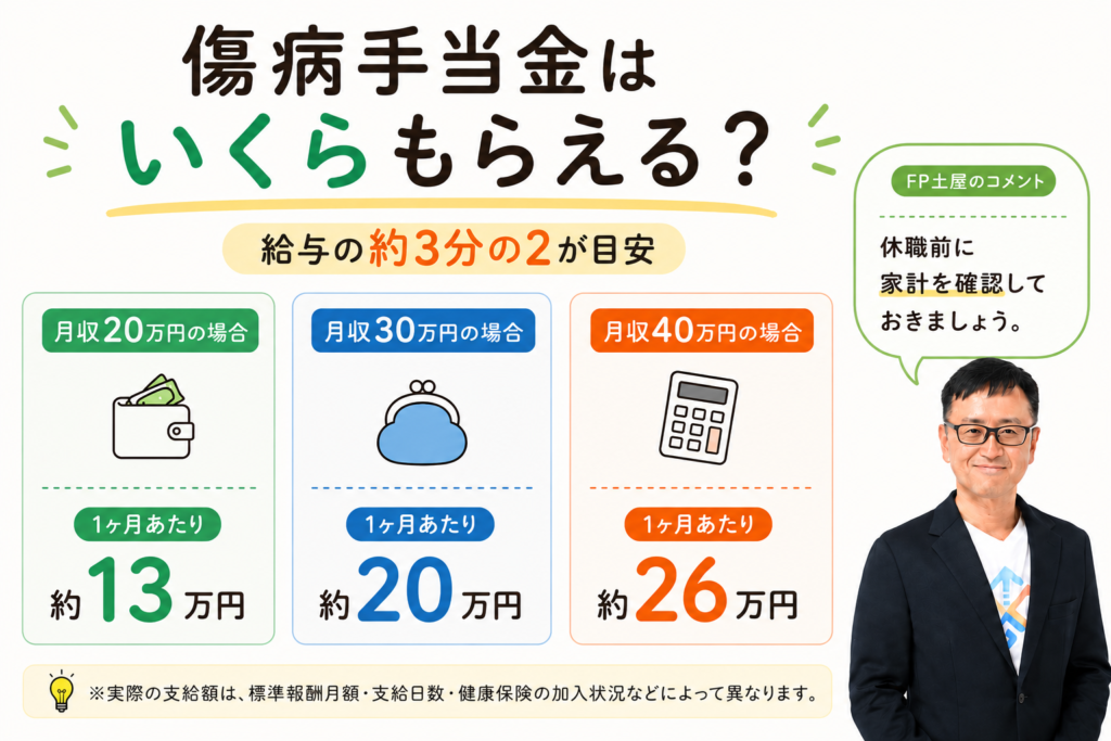 傷病手当金の支給額目安を示した図解。月収20万円・30万円・40万円の場合の支給額の目安と、給与の約3分の2が支給される仕組みを説明している。