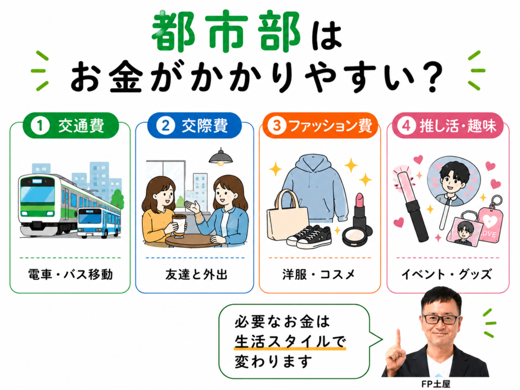 都市部で高校生のお小遣いが高くなりやすい理由をまとめた図解。交通費、交際費、ファッション費、推し活や趣味の費用など生活環境による違いを解説。