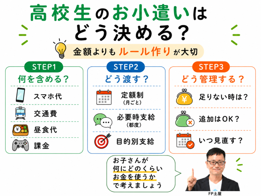 高校生のお小遣いの決め方を3ステップで解説した図解。何を含めるか、どう渡すか、どう管理するかを家庭ごとのルール作りの視点で紹介。
