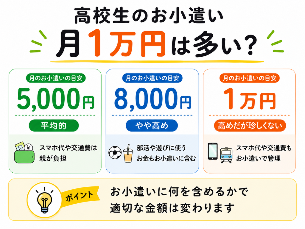 高校生のお小遣い5000円・8000円・1万円の目安を比較した図解。お小遣いに含める費用によって適切な金額が変わることを解説。