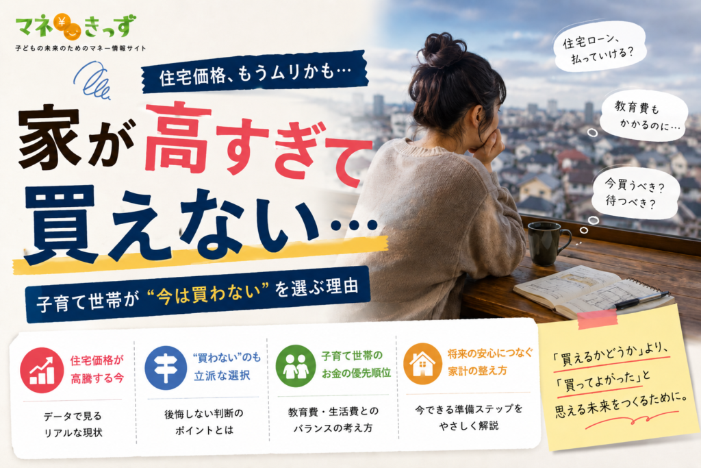家が高すぎて買えないと悩む子育て世帯の女性が、住宅価格や教育費への不安を抱えながら窓の外の住宅街を見つめている様子。住宅ローンや「今は買わない」という選択肢について、家計と将来のバランスを考える記事のアイキャッチ画像。