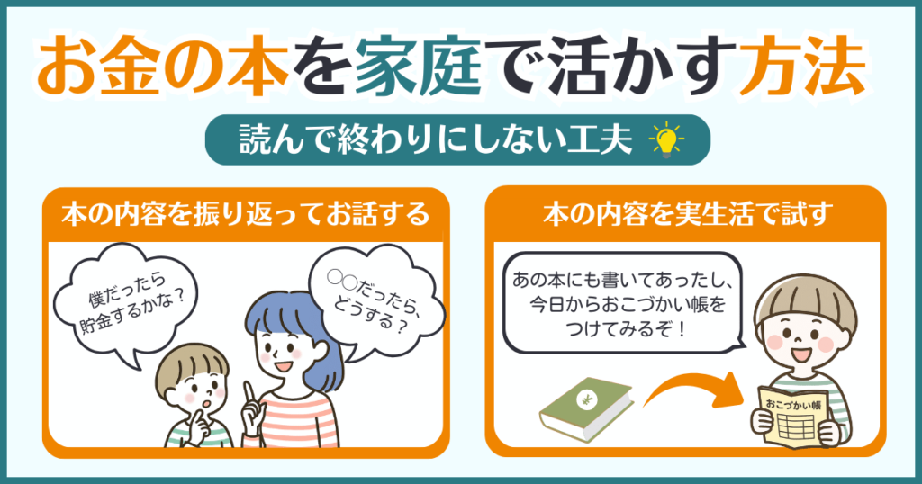 お金の本を「読んで終わり」にしないための工夫を紹介するイラスト入りインフォグラフィック。親子の会話や実践を通して学びを深めるアイデア付き。