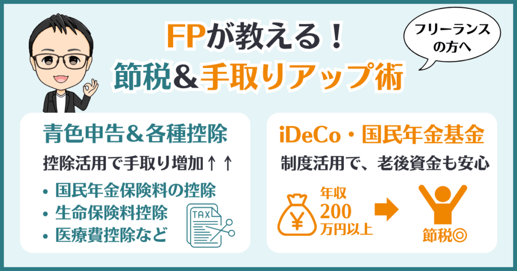FPが教える!フリーランスのための節税&手取りアップ術を図解。青色申告・各種控除・iDeCo・国民年金基金など、年収200万円以上で活用すべき制度がわかる画像