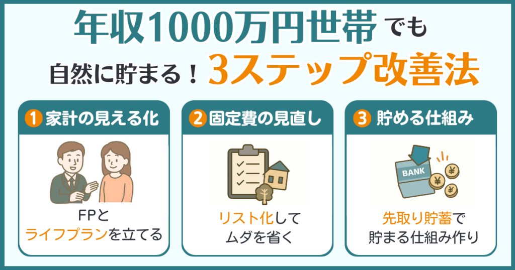 年収1000万円世帯が自然に貯金できるようになる3ステップ改善法を紹介。FP相談で家計を見える化し、固定費を見直し、先取り貯蓄で貯まる仕組みを整える方法を図解
