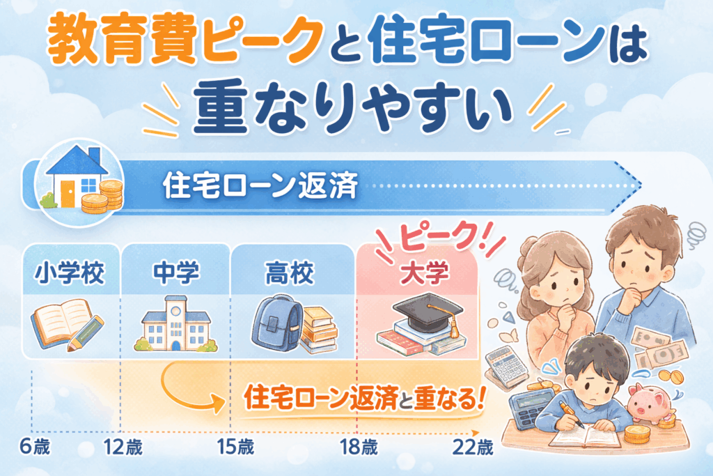 小学校から大学までの教育費の増加と住宅ローン返済が重なるタイミングを示した図