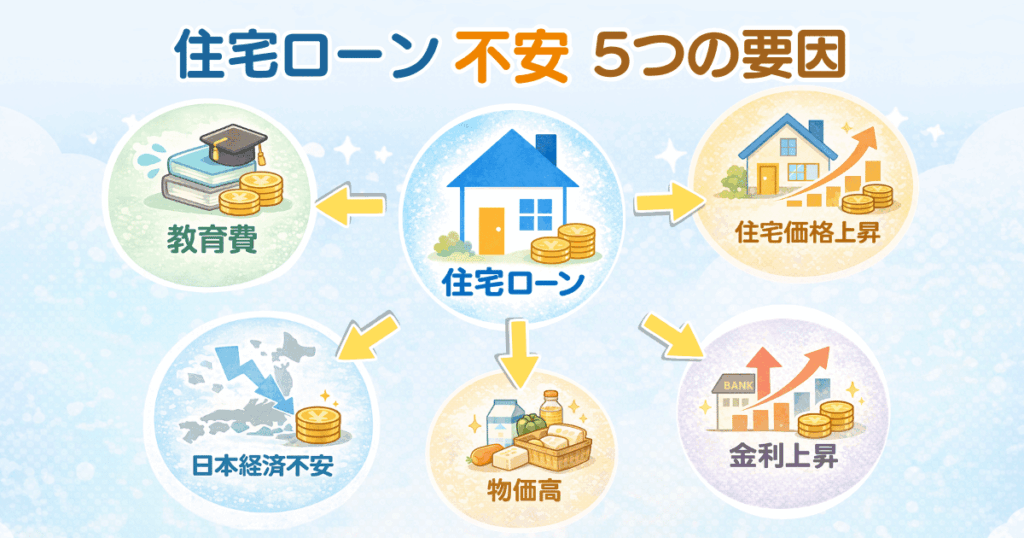 住宅ローン不安の要因として教育費・住宅価格上昇・金利上昇・物価高・日本経済不安を示した図