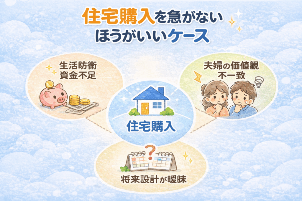 生活防衛資金不足・夫婦の価値観不一致・将来設計が曖昧な場合は住宅購入を慎重に判断すべきことを示した図