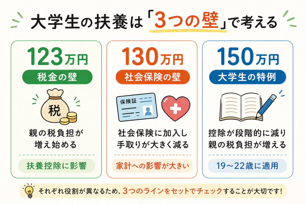 大学生の扶養における123万円（税金）130万円（社会保険）150万円（特例）の違いをまとめた図解