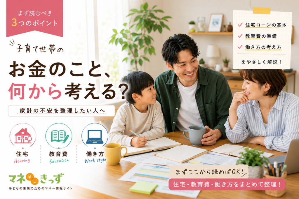 子育て世帯のお金について、住宅・教育費・働き方を家族で整理して考える様子を表したマネきっずのアイキャッチ画像