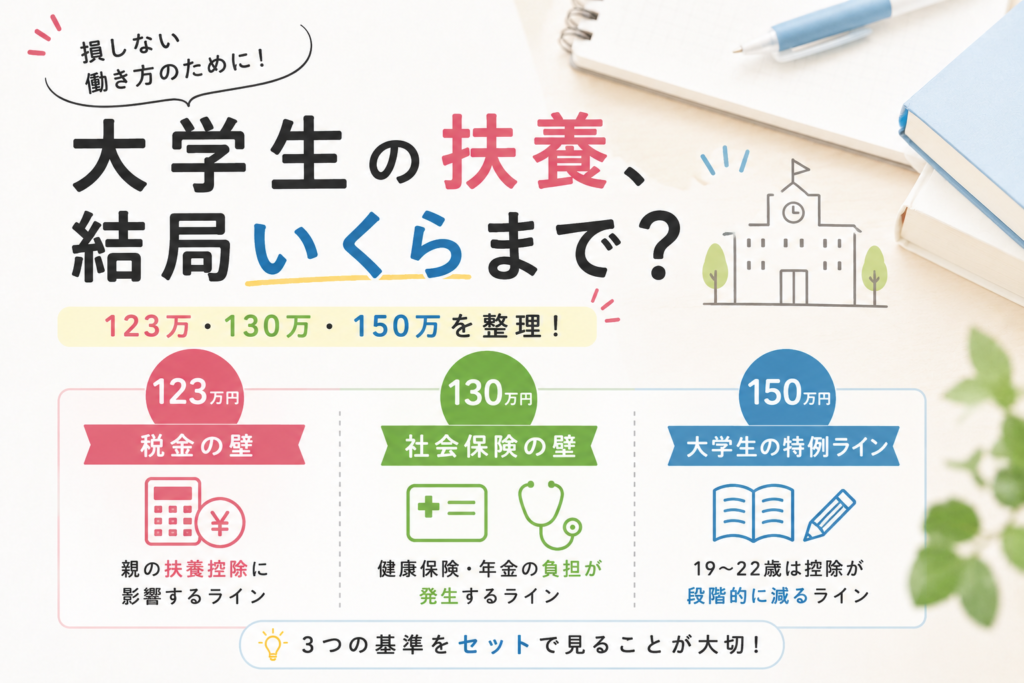 大学生の扶養はいくらまでかを123万円・130万円・150万円の3つのラインで解説したアイキャッチ画像