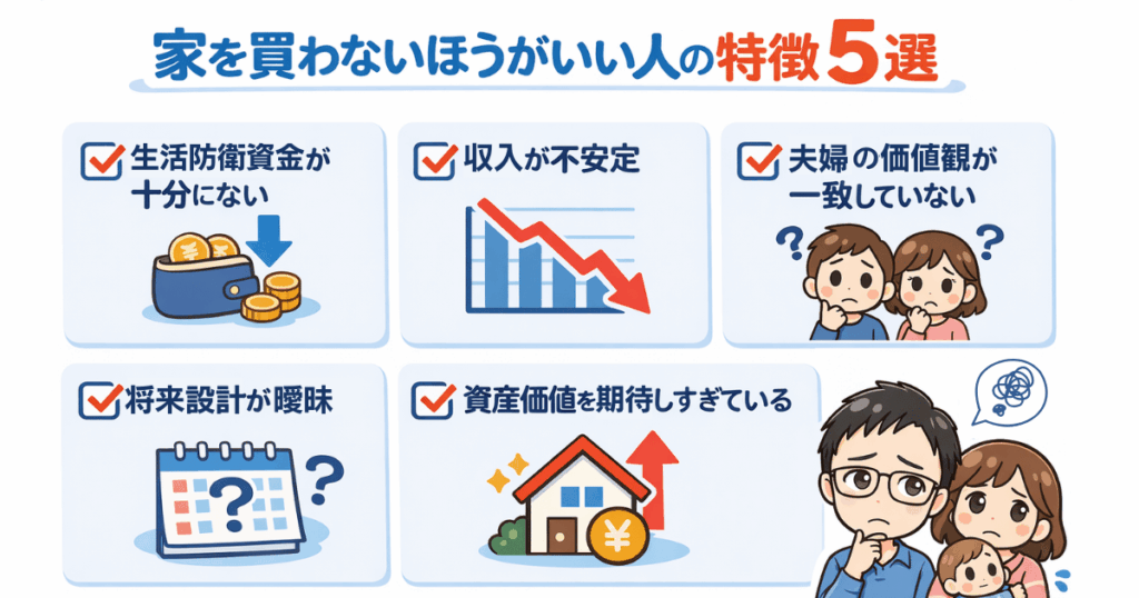 住宅購入を控えたほうがいい人の特徴を5つにまとめた図解