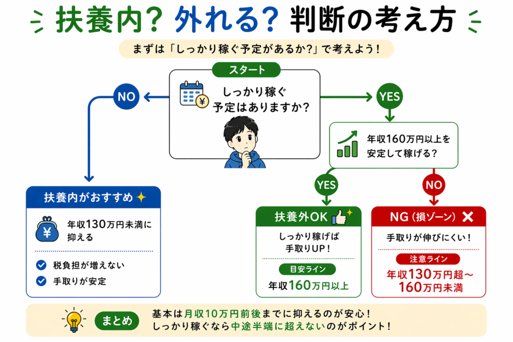 大学生の扶養内か扶養外かを年収130万円や160万円を基準に判断するフローチャート図