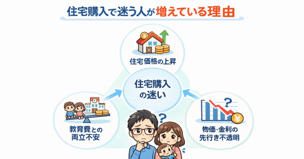 住宅購入を迷う主な3つの理由（住宅価格上昇・教育費・金利不安）を示した図